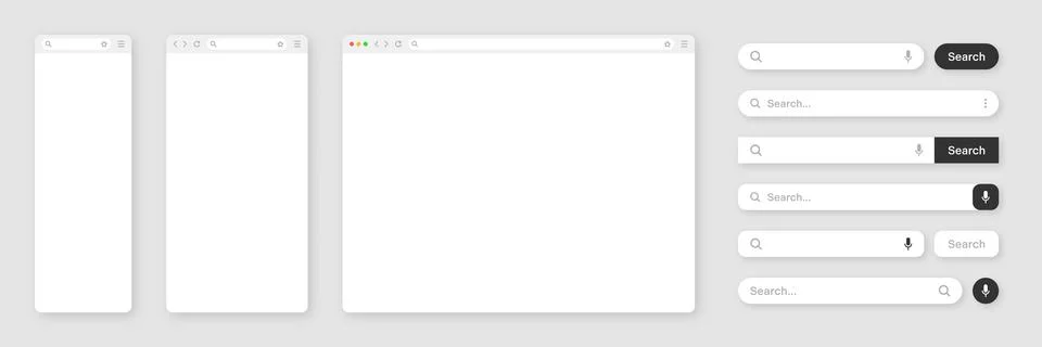 Blank internet browser window with various search bar templates. Web site engine 스톡 일러스트