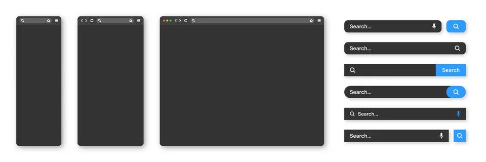 Blank internet browser window with various search bar templates, dark mode. Web Stock Illustration