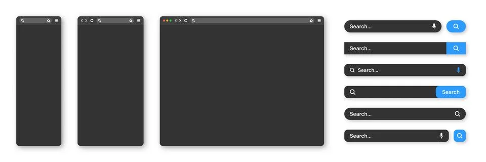 Blank internet browser window with various search bar templates, dark mode. Web Stock Illustration