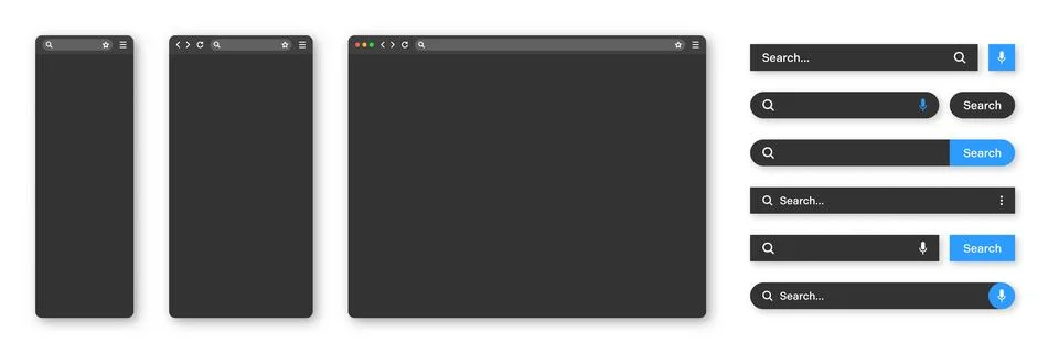 Blank internet browser window with various search bar templates, dark mode. Web 스톡 일러스트