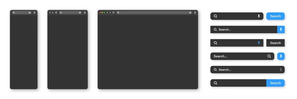 Blank internet browser window with various search bar templates, dark mode. Web Illustrazione stock