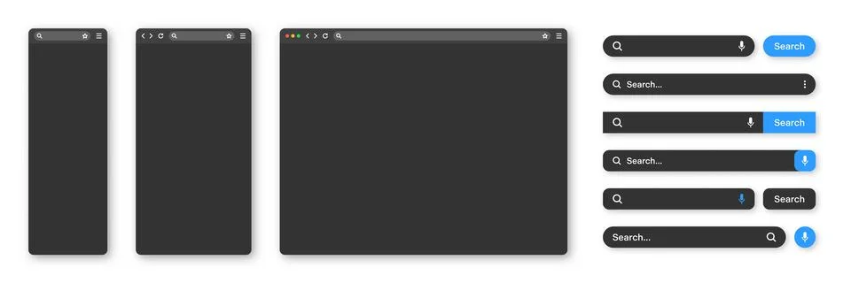 Blank internet browser window with various search bar templates, dark mode. Web Stock Illustration