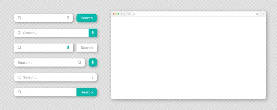 Blank internet browser window with various search bar templates. Web site engine Illustrazione stock