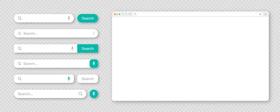 Blank internet browser window with various search bar templates. Web site engine 스톡 일러스트