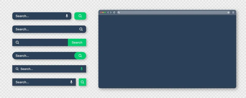 Blank internet browser window with various search bar templates, dark mode. Web 스톡 일러스트
