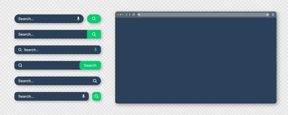 Blank internet browser window with various search bar templates, dark mode. Web Stock Illustration