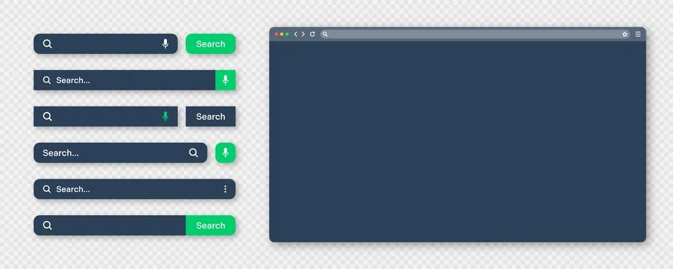 Blank internet browser window with various search bar templates, dark mode. Web イラスト素材