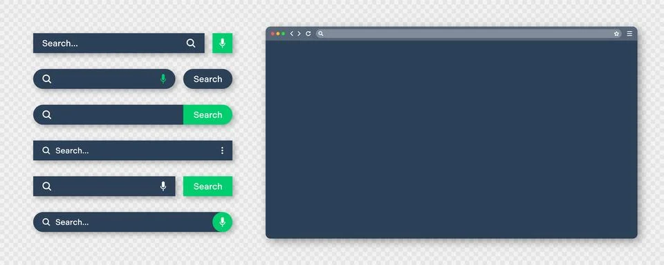 Blank internet browser window with various search bar templates, dark mode. Web Illustrazione stock