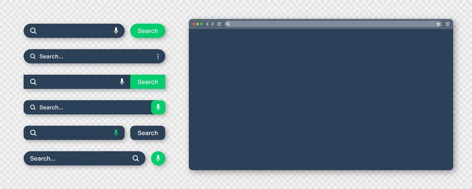 Blank internet browser window with various search bar templates, dark mode. Web イラスト素材