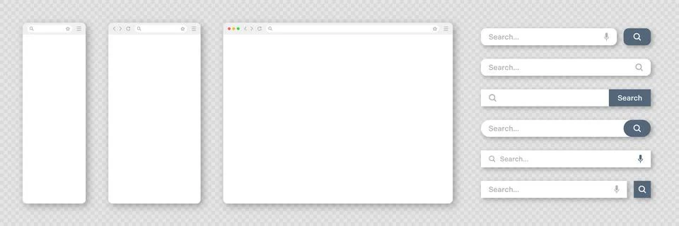 Blank internet browser window with various search bar templates. Web site engine Illustrazione stock