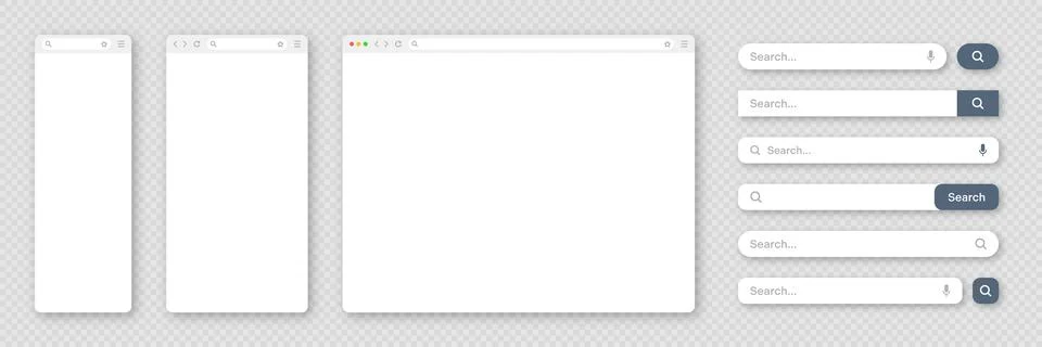 Blank internet browser window with various search bar templates. Web site engine Stock Illustration