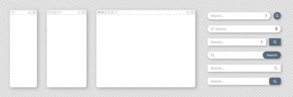 Blank internet browser window with various search bar templates. Web site engine 스톡 일러스트
