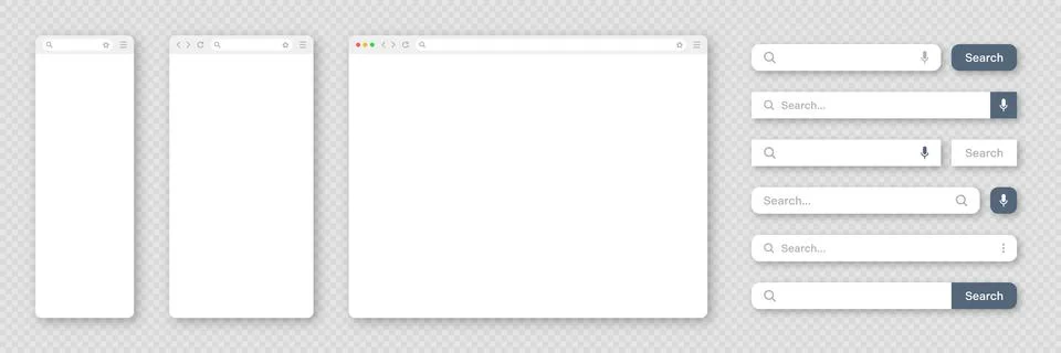 Blank internet browser window with various search bar templates. Web site engine 스톡 일러스트