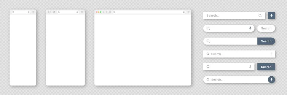 Blank internet browser window with various search bar templates. Web site engine Illustrazione stock