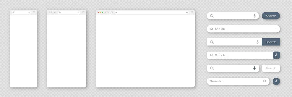 Blank internet browser window with various search bar templates. Web site engine Stock Illustration
