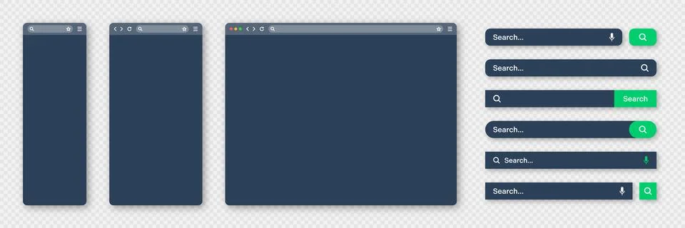 Blank internet browser window with various search bar templates, dark mode. Web 스톡 일러스트