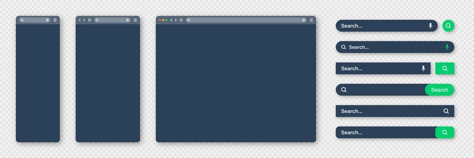 Blank internet browser window with various search bar templates, dark mode. Web Stock Illustration