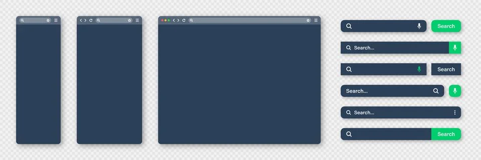 Blank internet browser window with various search bar templates, dark mode. Web Illustrazione stock