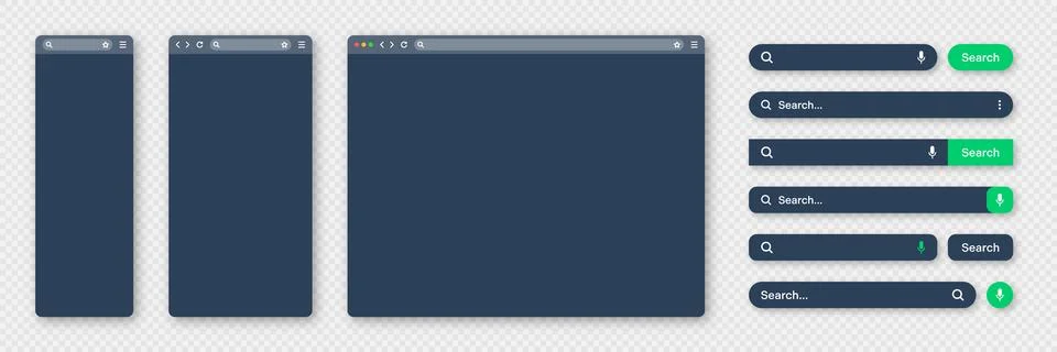 Blank internet browser window with various search bar templates, dark mode. Web 스톡 일러스트