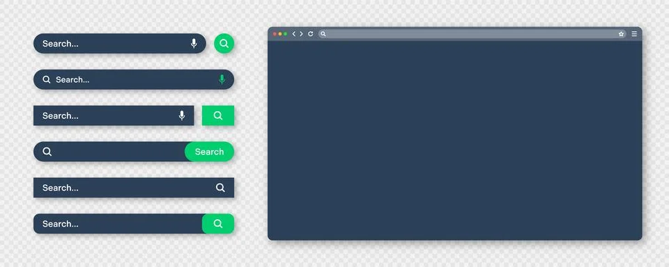 Blank internet browser window with various search bar templates, dark mode. Web Illustrazione stock