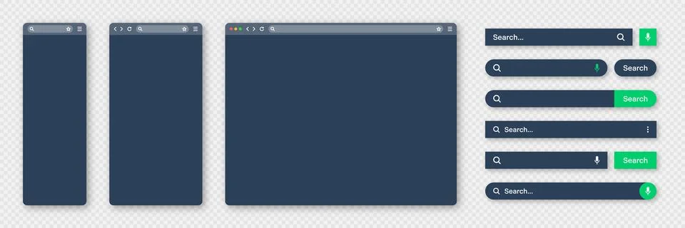 Blank internet browser window with various search bar templates, dark mode. Web 스톡 일러스트