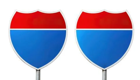 Blank interstate directional sign shield design in blue and red that indica.. Stock Photos