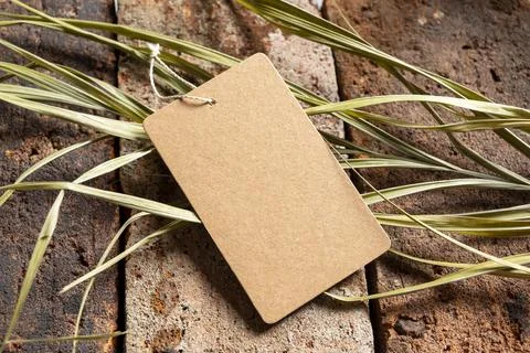 Blank kraft paper tag with string on a rustic brick surface with dried gras.. Stock Photos