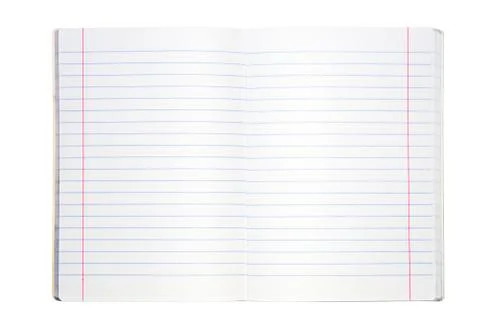 Blank lined exercise book on white Stock-Fotos