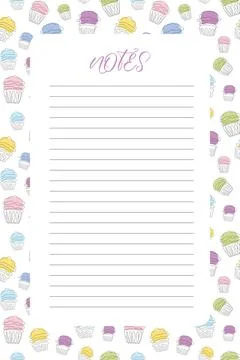 Blank lined note paper with a colorful cupcake border. Continuous one line dr Stock Illustration