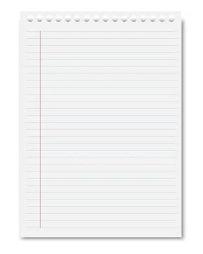 Blank lined notebook paper sheet with punched holes and shadow on white bac.. Иллюстрация