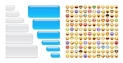 Blank message bubbles with emoji. Blue chat or messenger speech bubble. SMS text Stock Illustration