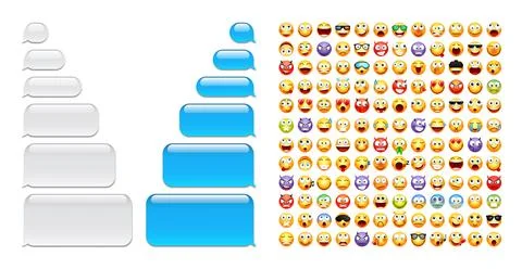 Blank message bubbles with emoji. Blue chat or messenger speech bubble. SMS text Stock Illustration