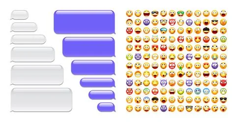 Blank message bubbles with emoji. Violet chat or messenger speech bubble. SMS Stock Illustration