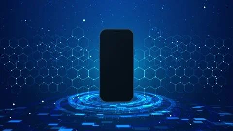 Blank mobile app mockup visual dark phone display, blue hexagon network, Stock Footage 340526656
