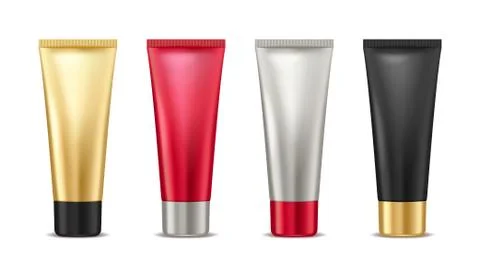 Blank mock up gold, red, silver and black tube for cosmetic product set isolated 스톡 일러스트