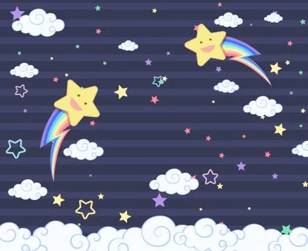 Blank night sky with many clouds and smiley stars Stock Illustration