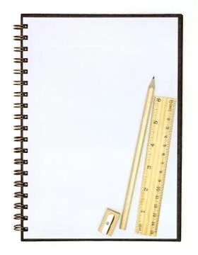 Blank note book and school accessories on white background Stock Photos