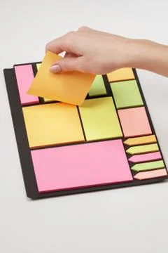 Blank note paper set of different colours forms and sizes. Sticky notes colle Stockfoto's