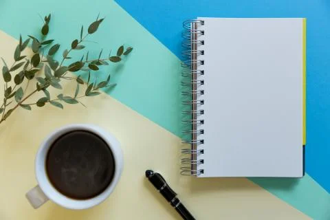 Blank notebook, coffee, eucalyptus branch and pen on pastel paper background. Stock Photos