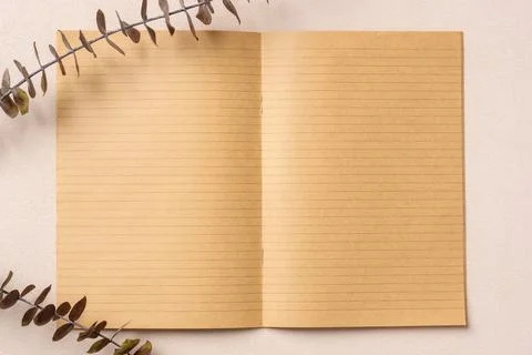 Blank notebook with eucalyptus mock up on pastel peach table Stock Photos