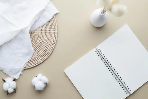 Blank notebook mockup on a beige background, cotton flower, reeds grass in a  Stock Photos
