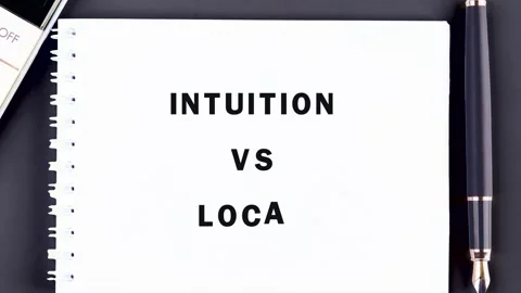 A blank notebook page changes to show Intuition versus Local written clearly. A Stock Footage 335079130