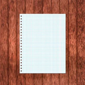 Blank notebook page on dark brown wood background. Checkered paper sheet on w Stock Illustration