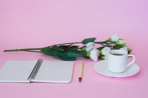 Blank notebook, pen and cup of coffee. Stock Photos