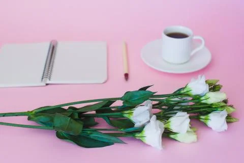 Blank notebook, pen and cup of coffee. Stock Photos