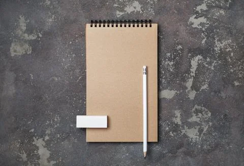 Blank notebook, pencil, eraser Foto stock