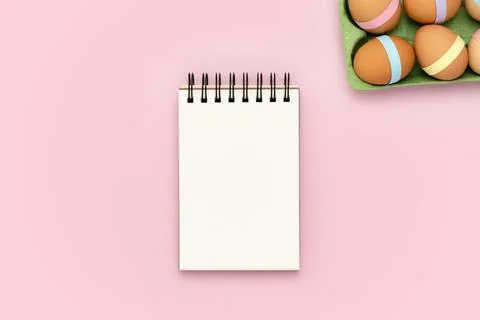 Blank notebook on pink background with egg carton Stock Photos