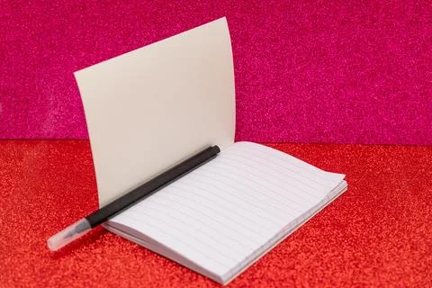 Blank notebook with ruler sheets mockup copy space on shiny red pink backgrou Stock Photos
