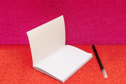 Blank notebook with ruler sheets mockup copy space on shiny red pink backgrou Stock Photos