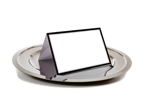 Blank notebook on  a silver tray Stock Photos